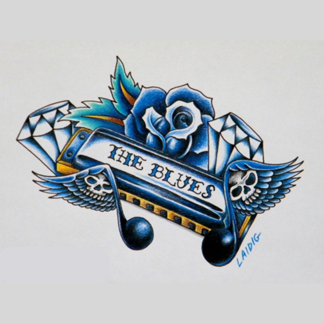 پوستر زیبا و خلاقانه از یک هارمونیکا که روی آن نوشته شده The Blues
