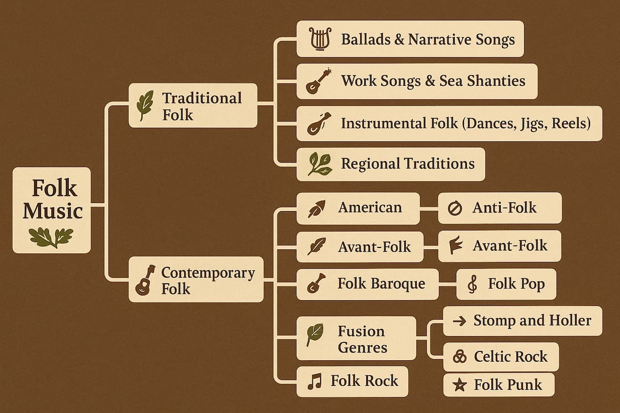 تصویر نمودار زیرشاخه‌های موسیقی فولک