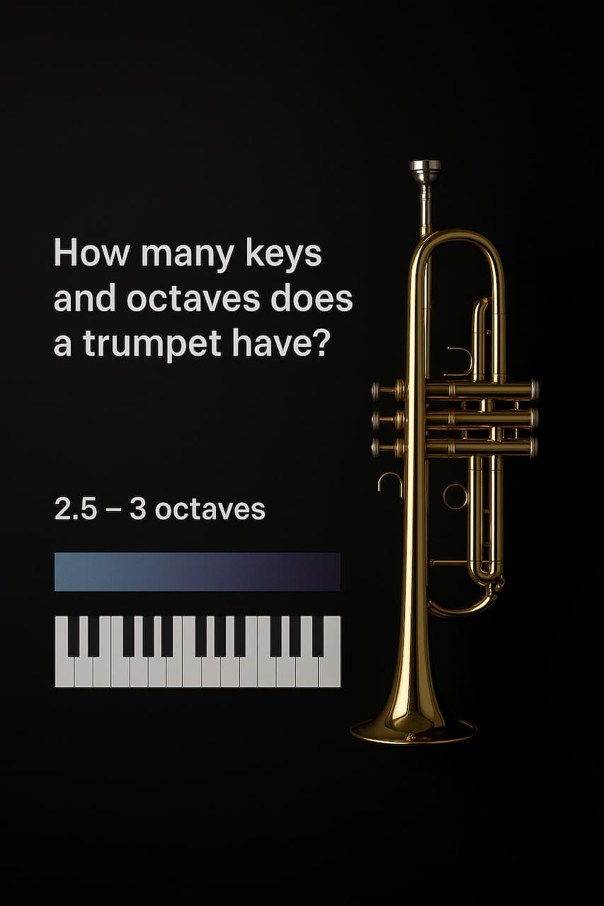 تصویر آموزشی از ترومپت B♭ در پس‌زمینه تیره با نورپردازی استودیویی، همراه با نمودار محدوده صوتی ۲.۵ تا ۳ اکتاو.