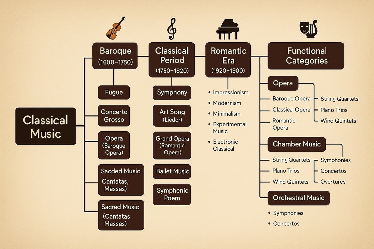 نمودار درختی از سبک موسیقی کلاسیک و زیرسبک‌های آن