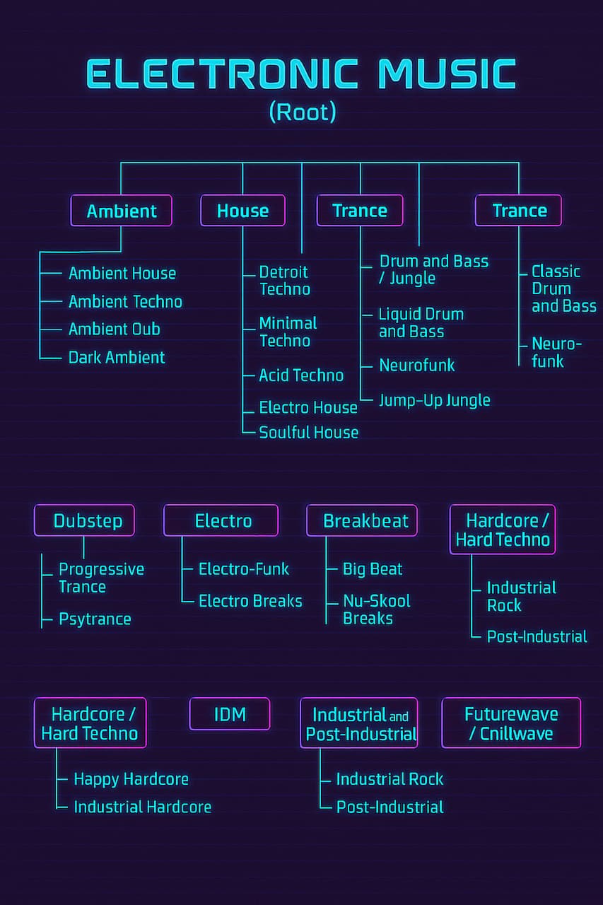 نمودار درختی از سبک‌های اصلی موسیقی الکترونیک از جمله EDM، Ambient، Techno، House، Trance و زیرشاخه‌های آنها.