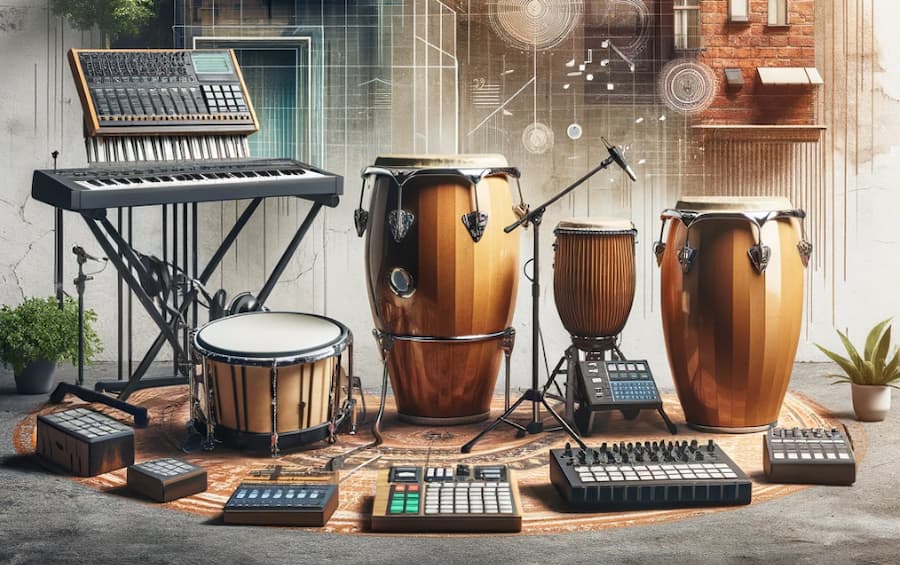 تصویر تولید شده توسط هوش مصنوعی که پرکاشن های مدرن را در کنار پرکاشن های آکوستیک نشان می دهد