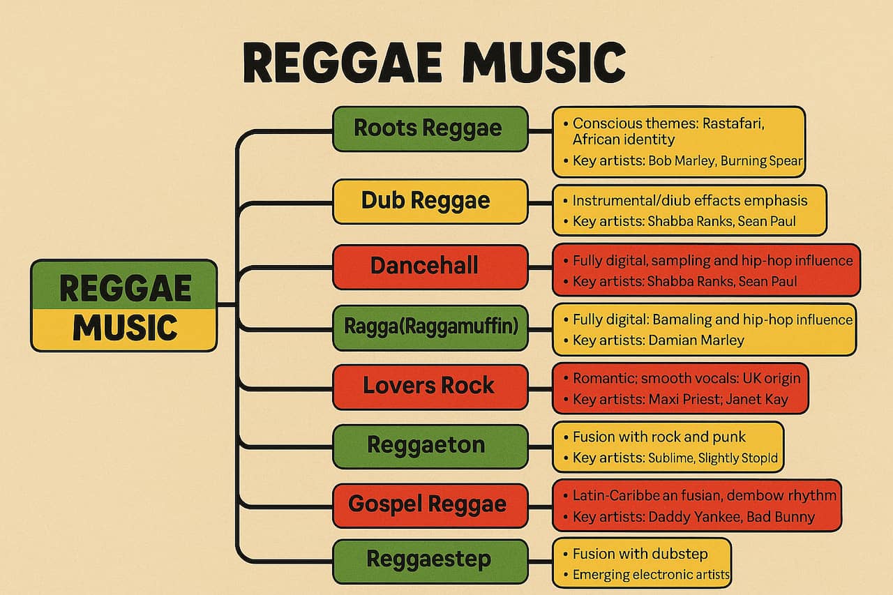 نمودار درختی که ریشه‌های موسیقی رگه و زیرژانرهای آن مانند Dub، Dancehall، Roots Reggae و Ska را نشان می‌دهد.